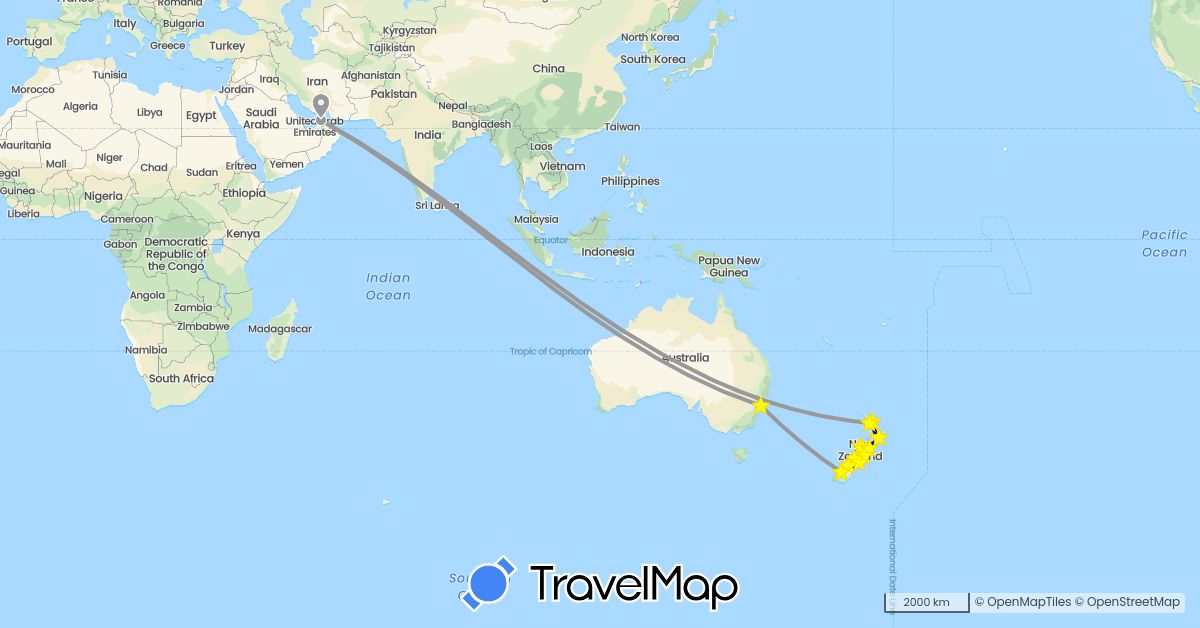 TravelMap itinerary: driving, bus, plane in United Arab Emirates, Australia, New Zealand (Asia, Oceania)